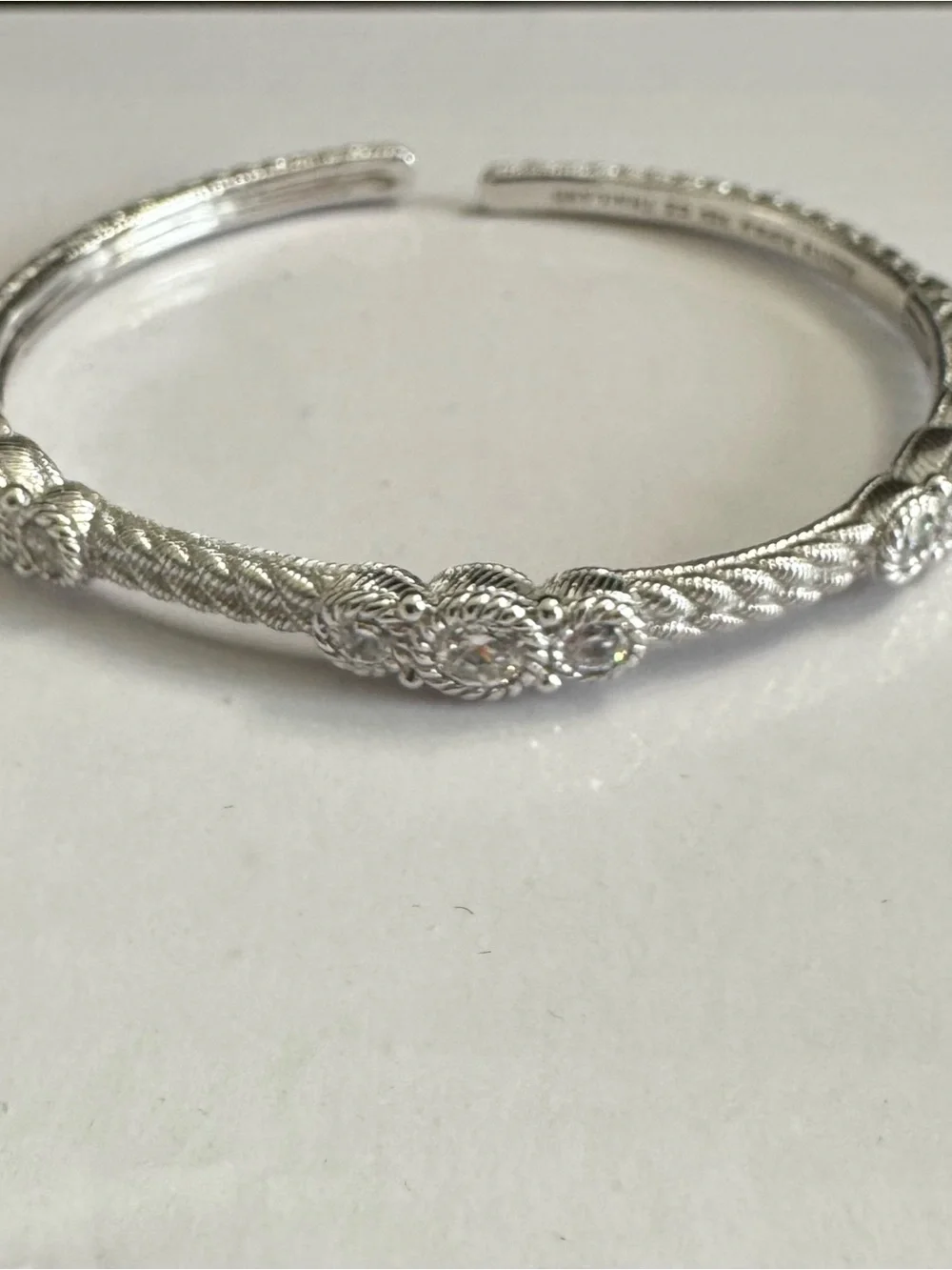Judith Ripka 925 Silver Textured Bangle w/ Stations 3  Round Diamonique Crystals - Picture 3 of 9